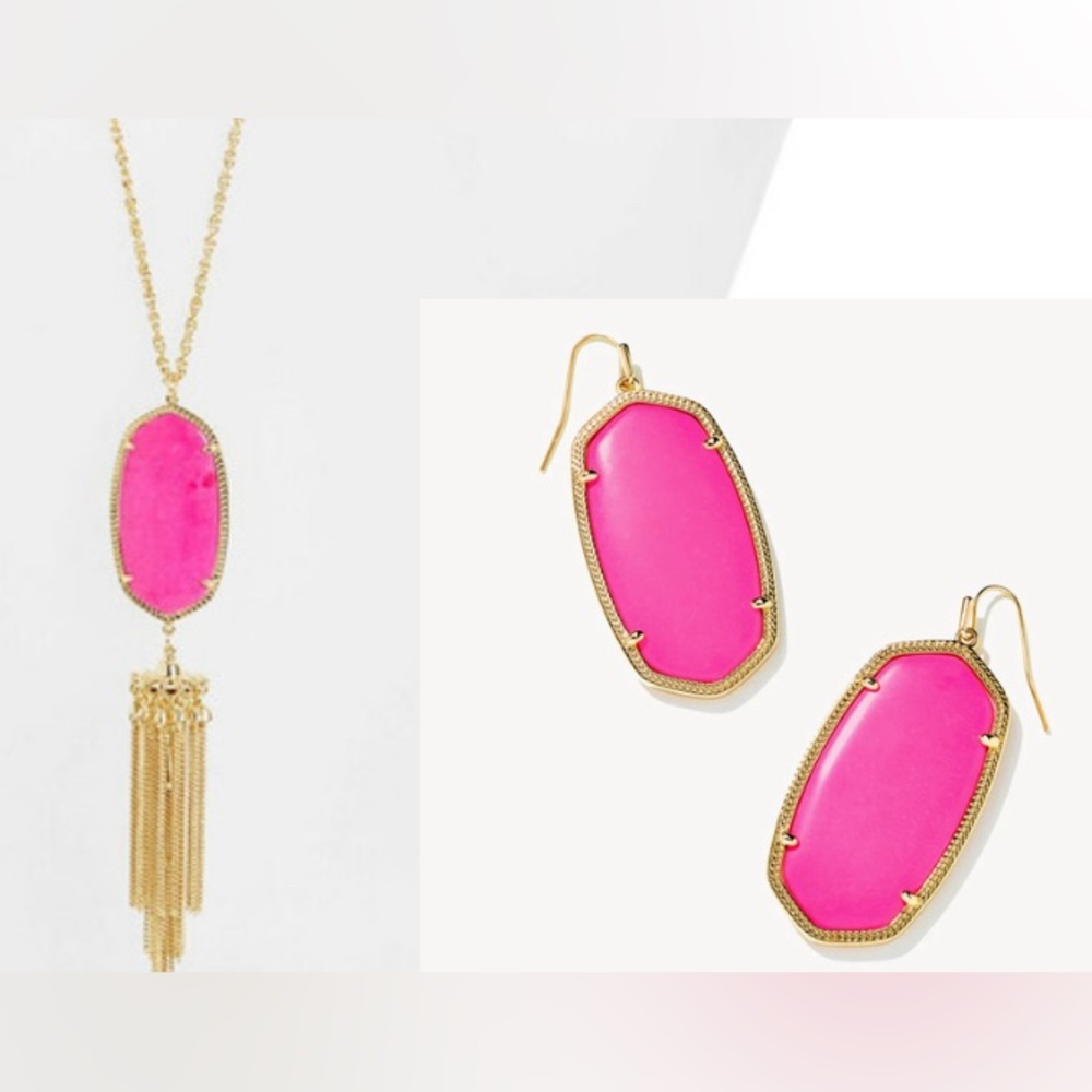 Rare Kendra Scott earrings and necklace in hot pink with gold plated hardware!